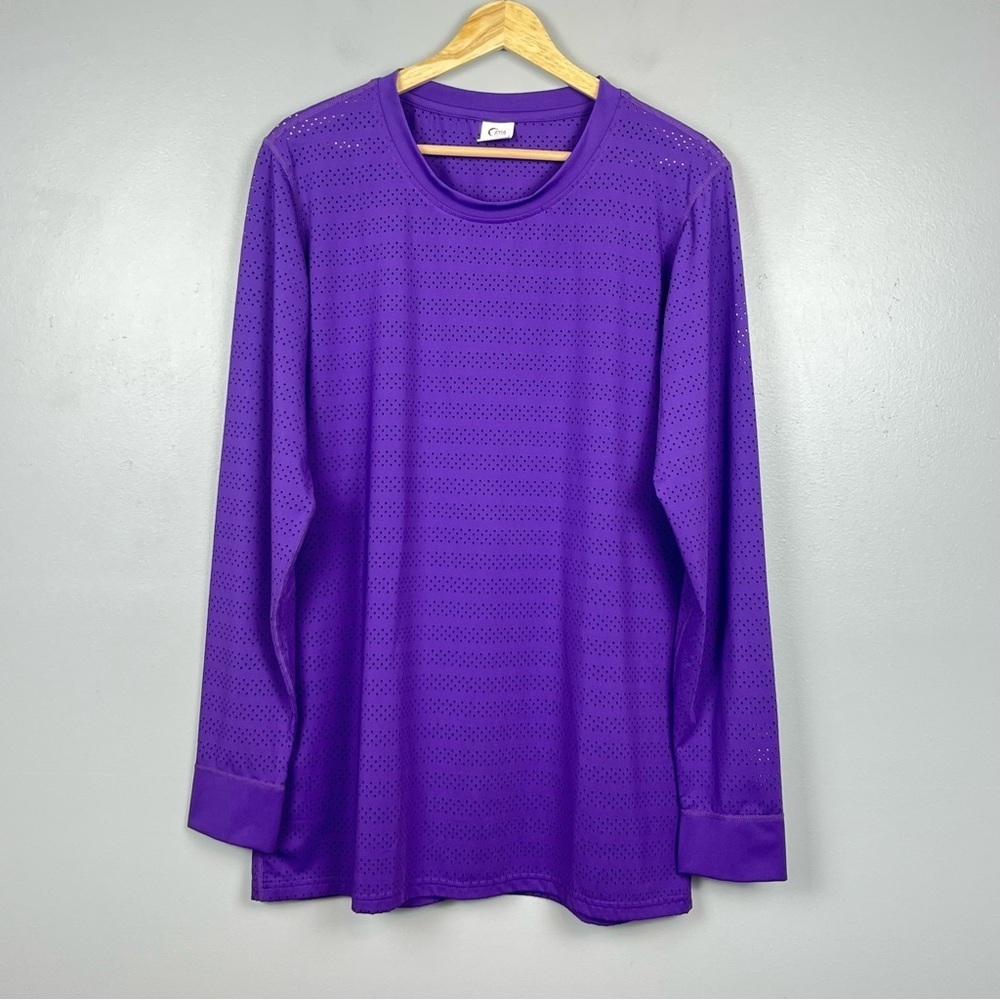 Zyia Women’s Purple Laser Cut Perforated Long Sleeve Active Shirt, XXL.